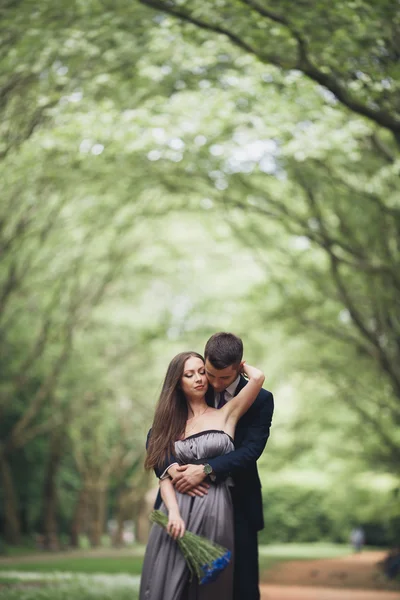 Joven hermosa pareja, chica con vestido perfecto posando en el parque — Foto de Stock