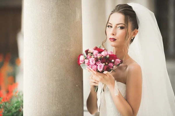 Nádherné nevěsty s luxusní bílé šaty, pózuje na starém městě — Stock fotografie