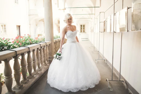 旧市街でポーズ豪華な白いドレスと素敵な花嫁 — ストック写真