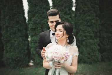 Botanik parkında yürüyen mutlu bir çift.