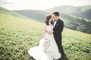 Yeni evli çift, gelin ve damat öpüşüyor, mükemmel dağ manzarasında sarılıyorlar, mavi gökyüzü