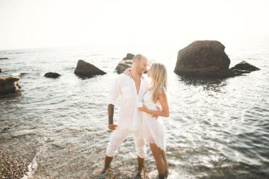 Gün batımında sahilde yürüyüş sadece evli evlilik çift.