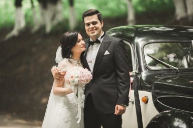 Güzel düğün çifti görkemli retro arabanın yakınında poz
