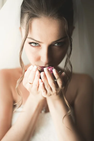 Retrato de noiva bonita com véu de moda na manhã do casamento. — Fotografia de Stock