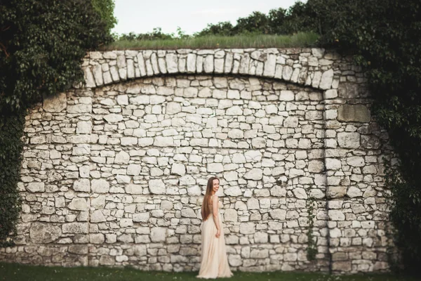 Belle fille, modèle avec les cheveux longs posant dans le parc près du grand mur. Vavel de Cracovie — Photo