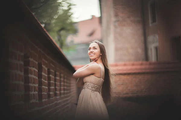 Vacker sexig tjej med långt hår och klänning perfekt form garvade organ possing nära vägg — Stockfoto