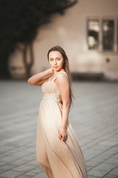 Piękna dziewczyna, model z długimi włosami pozowanie w starym zamku w pobliżu kolumn. Vavel Kraków — Zdjęcie stockowe