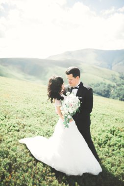 Harika bir gelin damada poz veriyor ve harika manzaralı dağlarda lüks bir tören yapıyor.