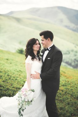 Yeni evli çift, gelin ve damat öpüşüyor, mükemmel dağ manzarasında sarılıyorlar, mavi gökyüzü