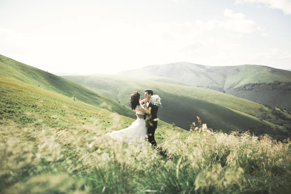 Hermosa pareja de boda, novia y novio, en el amor en el fondo de las montañas —  Fotos de Stock