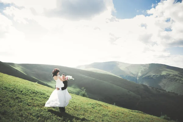 Besos boda pareja estancia sobre hermoso paisaje — Foto de Stock