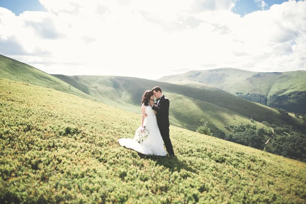 Junges frisch vermähltes Paar, Braut und Bräutigam küssen sich, umarmen sich auf perfektem Blick auf die Berge, blauer Himmel — Stockfoto