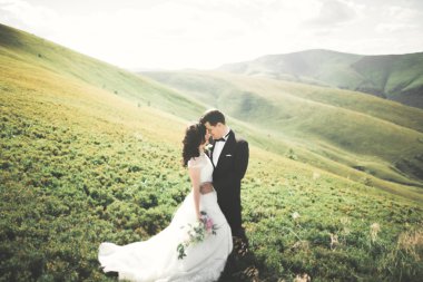 Öpüşen düğün çifti güzel manzarada kalıyor.