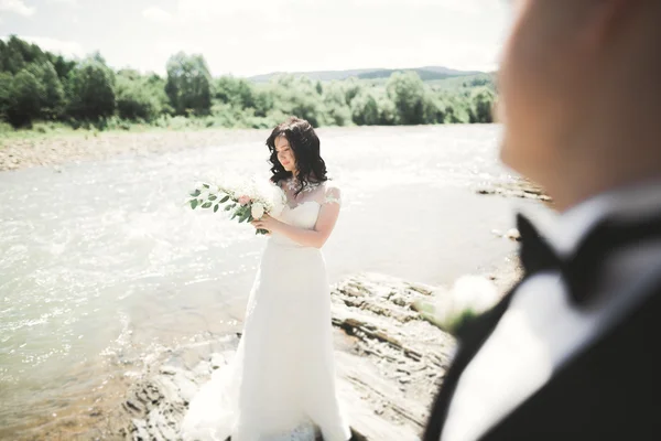 Elegante elegante sposa bruna felice e splendido sposo sullo sfondo di una bella cascata in montagna — Foto Stock