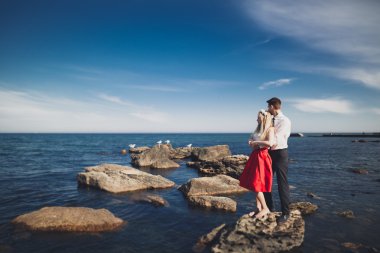 Deniz, mavi gökyüzü yakınındaki taş poz romantik sevgi dolu Çift