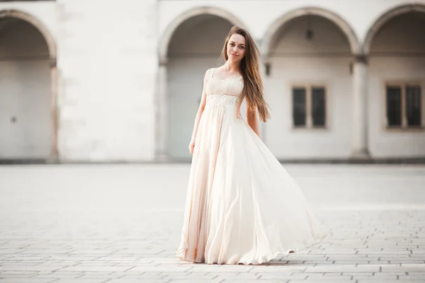 Hermosa chica, modelo con el pelo largo posando en el viejo castillo cerca de columnas. Cracovia Vavel — Foto de Stock