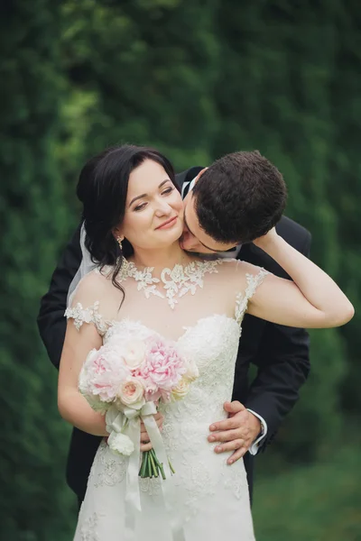 Romântico, conto de fadas, feliz casal recém-casado abraçando e beijando em um parque, árvores no fundo — Fotografia de Stock