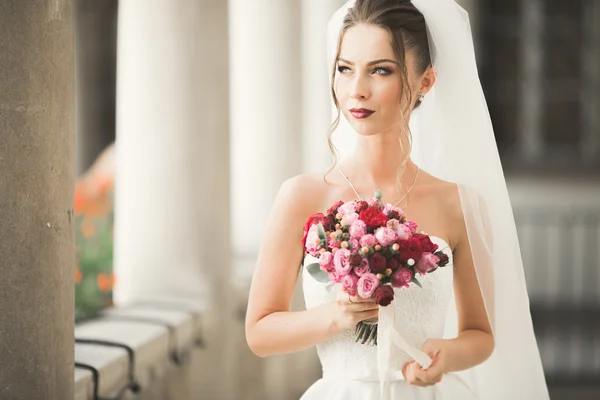 Maravillosa novia con un lujoso vestido blanco posando en el casco antiguo — Foto de Stock