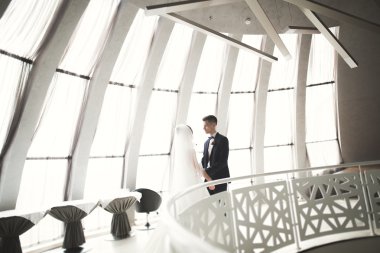 Mükemmel bir çift gelin ve damat düğün günlerinde poz verip öpüşürler.