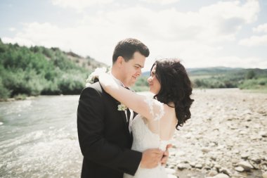 şık şık mutlu esmer gelin ve dağlarda güzel bir şelale arka plan üzerinde muhteşem damat