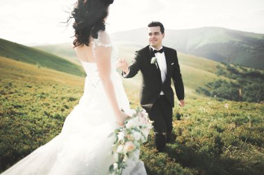 Öpüşen düğün çifti güzel manzarada kalıyor.