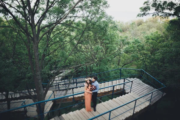 Elegante hermosa boda feliz pareja besando y abrazando en Jardín Botánico — Foto de Stock