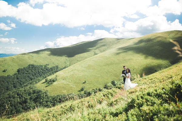 Schönes Hochzeitspaar, Braut und Bräutigam, verliebt im Hintergrund der Berge — Stockfoto