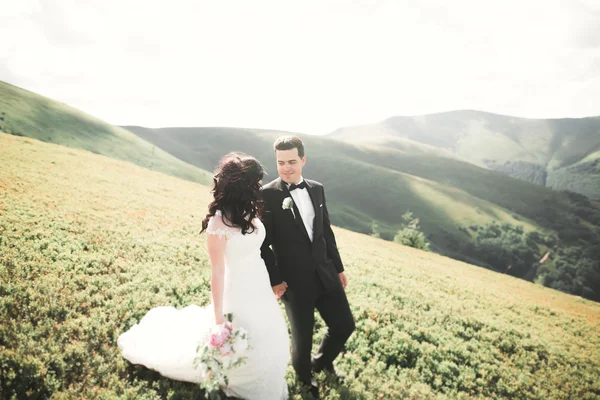 Krásné svatební pár, nevěsta a ženich, v lásce na pozadí hor — Stock fotografie