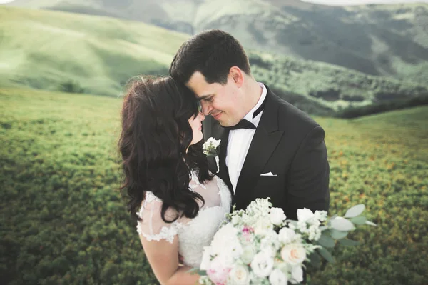 Hermosa pareja de boda besándose y abrazándose cerca de la montaña con vista perfecta — Foto de Stock