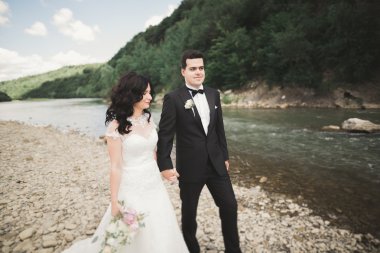 şık şık mutlu esmer gelin ve dağlarda güzel bir şelale arka plan üzerinde muhteşem damat