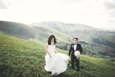 Öpüşen düğün çifti güzel manzarada kalıyor.