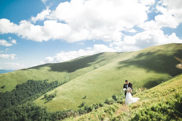 Όμορφη πανέμορφη νύφη ποζάρει στον γαμπρό και διασκεδάζει, πολυτελή τελετή στα βουνά με καταπληκτική θέα, χώρος για κείμενο, γαμήλιο ζευγάρι — Φωτογραφία Αρχείου