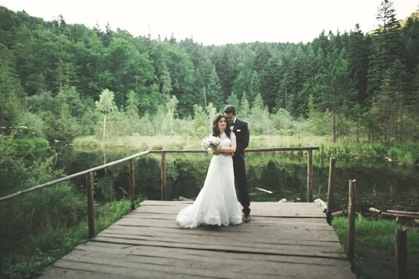 Sposa affascinante, sposo elegante su paesaggi di montagne e tramonto a lago. Splendida coppia di nozze — Foto Stock