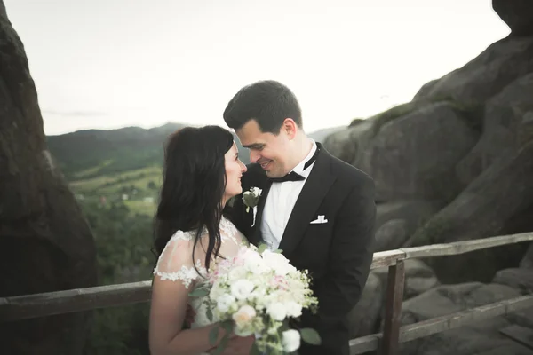 結婚式のカップルで愛キスと抱擁近くの岩で美しい風景 — ストック写真