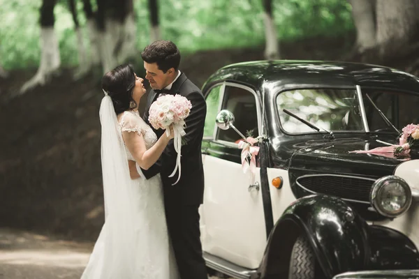 Felice coppia di sposi, uomo e moglie baciare vicino elegante auto retrò — Foto Stock