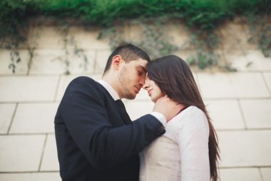 Harika lüks Düğün çifti büyük duvara yakın poz