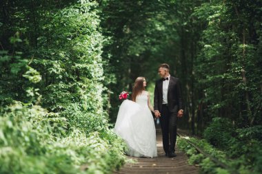 lüks şık genç gelin ve damat üzerinde arka plan bahar güneşli yeşil orman