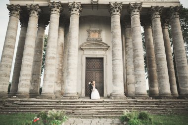 Güzel, romantik bir düğün. Yeni evliler. Eski kalenin yakınlarında sarılıyorlar.