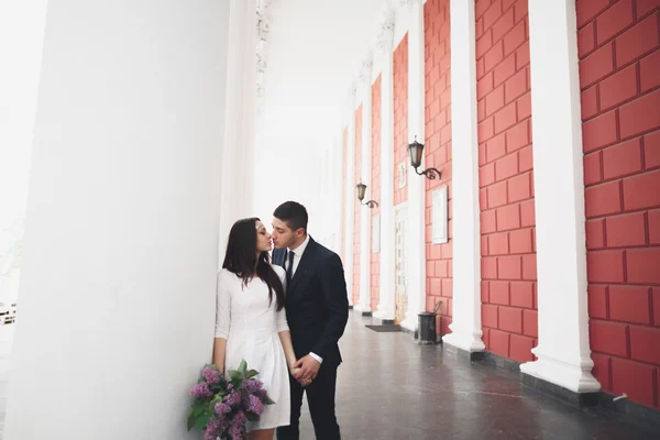 Beau couple, mariée et marié posant près de grande colonne blanche — Photo