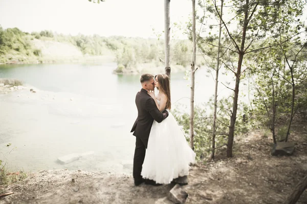 Casal de casamento beijando ficar sobre bela paisagem — Fotografia de Stock