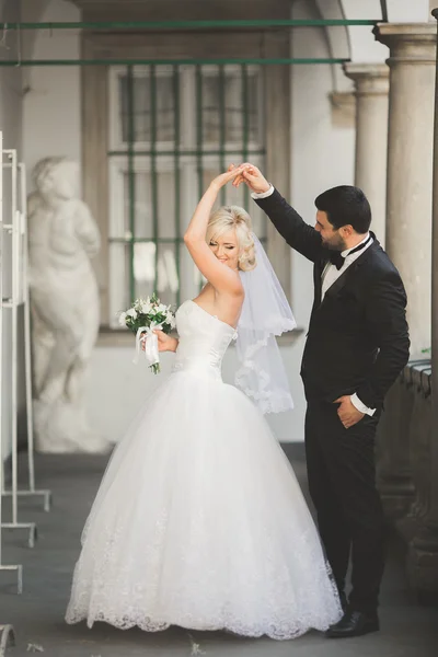 Coppia perfetta sposa, sposo posa e baci nel loro giorno del matrimonio — Foto Stock