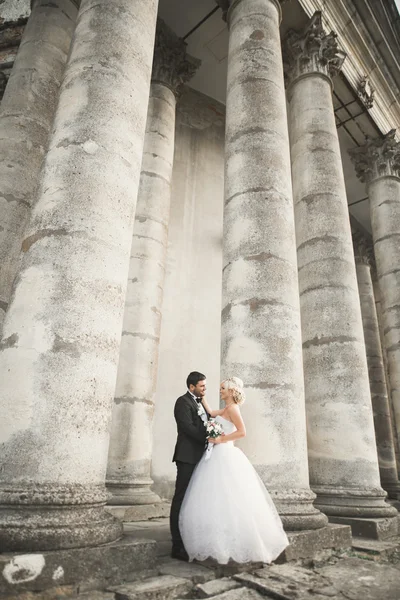 Bella coppia di sposi romantici che si abbracciano vicino al vecchio castello — Foto Stock