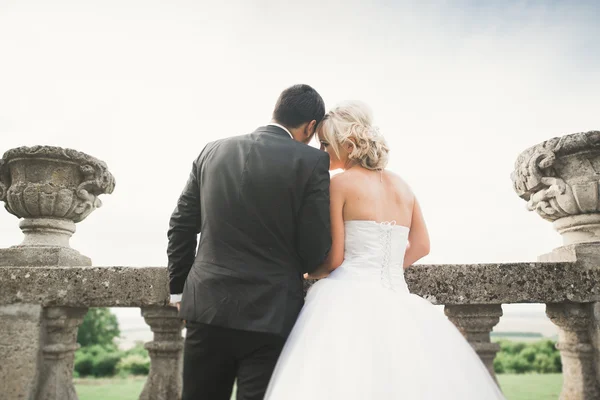 Hermosa boda romántica pareja de recién casados abrazos cerca del viejo castillo —  Fotos de Stock