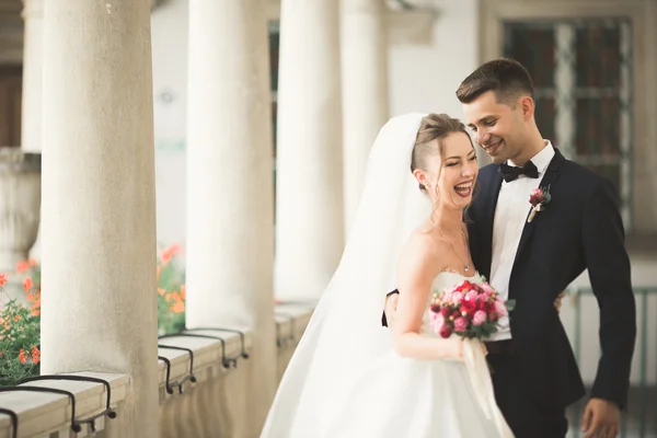 Preciosa pareja feliz boda, novia con vestido blanco largo posando en la hermosa ciudad —  Fotos de Stock