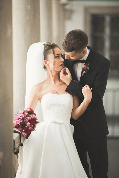 Couple parfait mariée, marié posant et embrassant dans leur jour de mariage — Photo