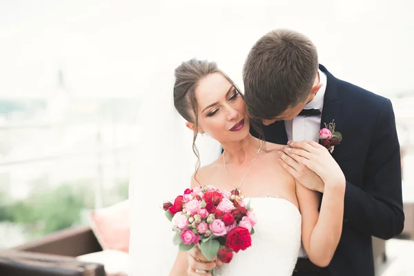 Pasangan sempurna, pengantin pria berpose dan berciuman di hari pernikahan mereka — Stok Foto