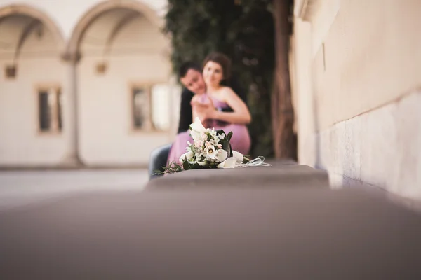 Šťastný, Svatební pár, ženich, nevěsta s růžové šaty objímání a usmívá se vzájemně na pozadí stěny v zámku — Stock fotografie