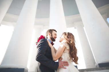 Lüks evli çift, gelin ve damat eski şehirde poz veriyor.