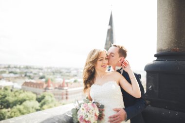 Muhteşem bir düğün çifti eski Lviv şehrinde yürüyor.