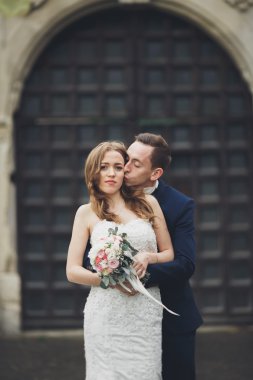 Mutlu düğün kaç sarılma ve birbirlerine arka plan eski kale üzerinde gülümseyen